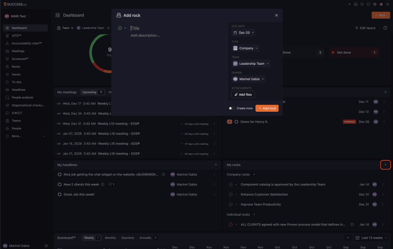 Dashboard with the + button on My rocks highlighted and the Add rock dialog open with due date, type, team and owner fields