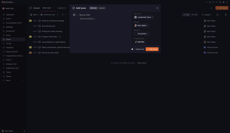 Add issue dialog with Short term and Long term options, title and description fields, and team, owner, priority and attachments settings