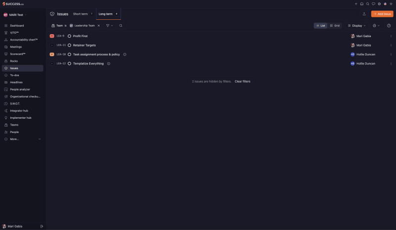Success.co Issues page on the Long term tab, listing a team's long-term Issues with priority, number and owner
