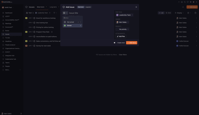Add issue dialog with the status dropdown open, showing the Not solved and Solved options