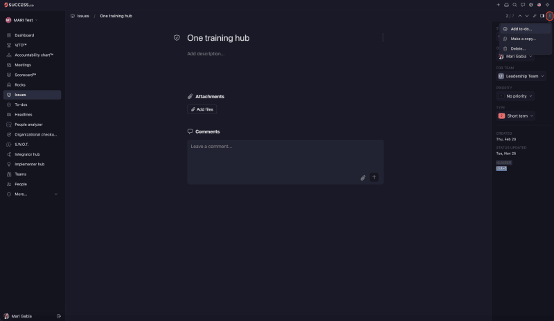 Success.co Issue detail page with the three dot icon highlighted in the top right and Add to-do at the top of its menu
