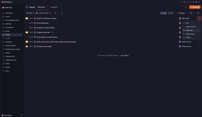 Success.co Issues list with the three dot menu on an Issue highlighted, showing Edit, Make long-term, Add to-do, Make a copy and Delete