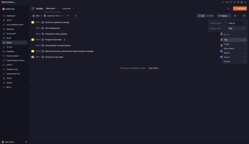 Issues page Display menu with the Display order dropdown open, listing Title, People, Date created, Manual, Priority and Number