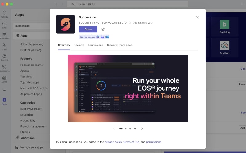 Success.co app listing in the Microsoft Teams app store with the Open button, after installation