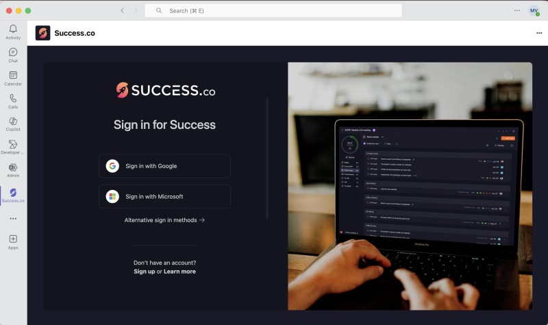 Success.co sign in screen inside Microsoft Teams with Sign in with Google and Sign in with Microsoft buttons