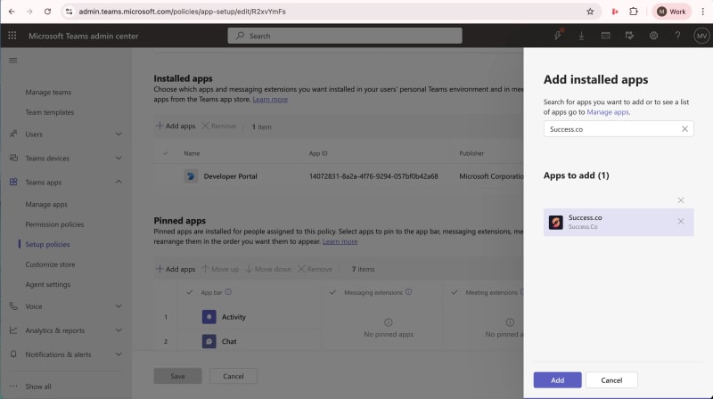Microsoft Teams admin center setup policy with the Add installed apps panel listing Success.co and an Add button