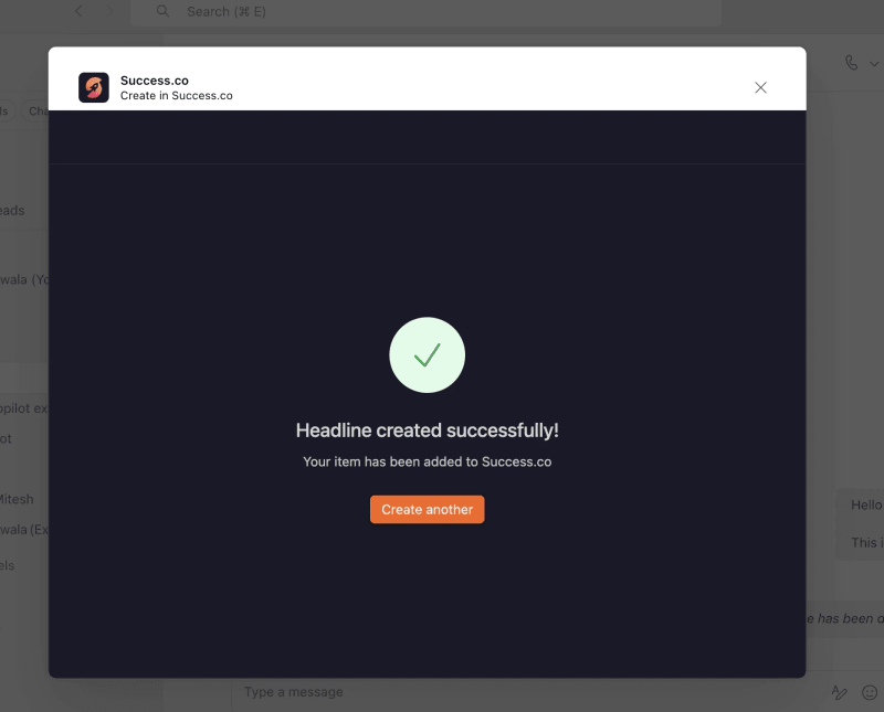 Success.co dialog in Microsoft Teams confirming Headline created successfully, with a Create another button
