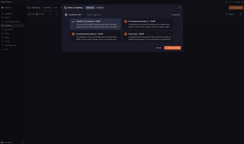 Start a meeting dialog on the Start now tab, with a team selector and agenda cards including Weekly L10 meeting, Annual planning and Focus day