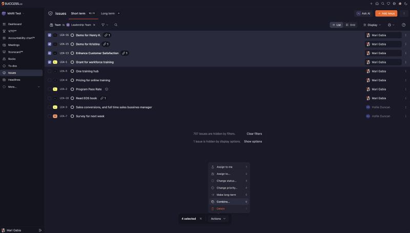 Issues page with four Issues selected and the Actions menu open at the bottom, showing options including Combine