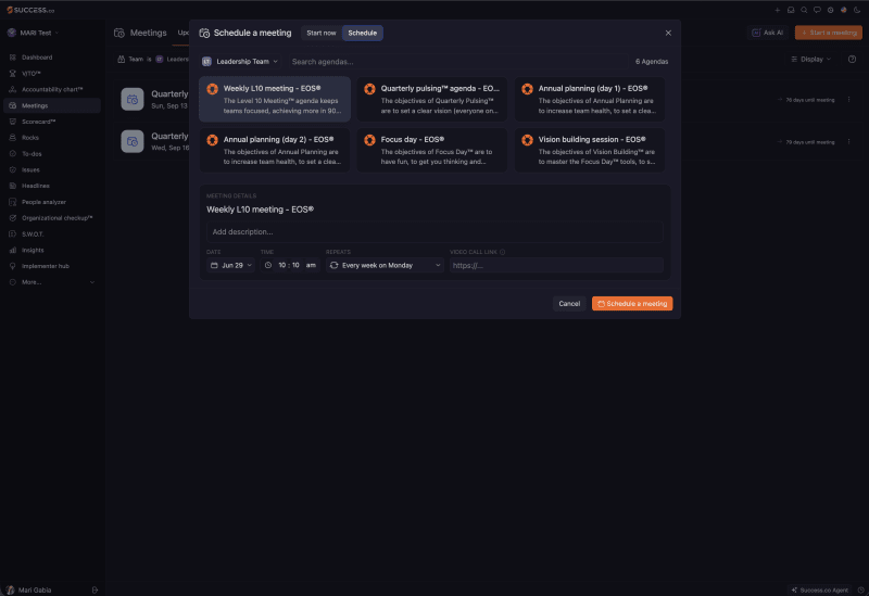 Schedule a meeting dialog with agenda choices, date, time, repeats and video call link fields, and the Schedule a meeting button