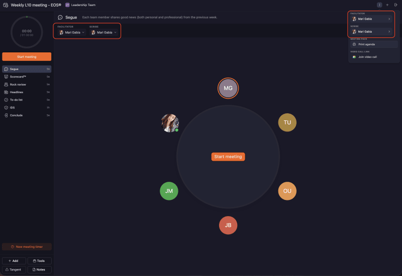 L10 meeting Segue screen before starting, with the Facilitator and Scribe selectors highlighted at the top left and in the three dot menu