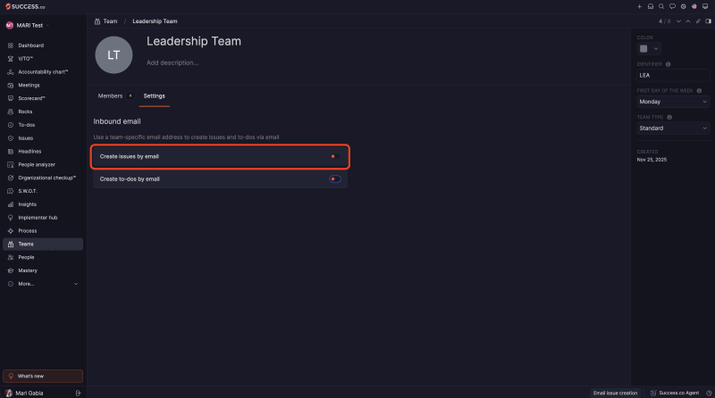 Team Settings tab in Success.co with the Create issues by email toggle highlighted under Inbound email