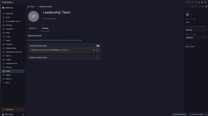 Team Settings tab with Create issues by email turned on, showing the team's unique Issue email address with a copy icon