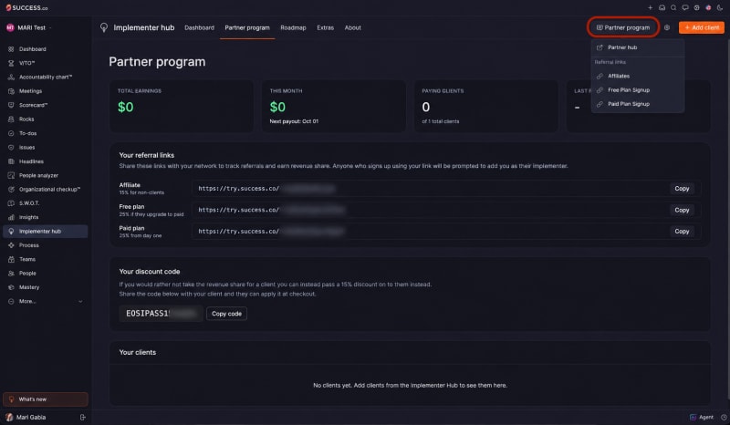 Implementer hub Partner program tab with the Partner program button highlighted, its menu showing Partner hub and Affiliates, Free and Paid Plan Signup links