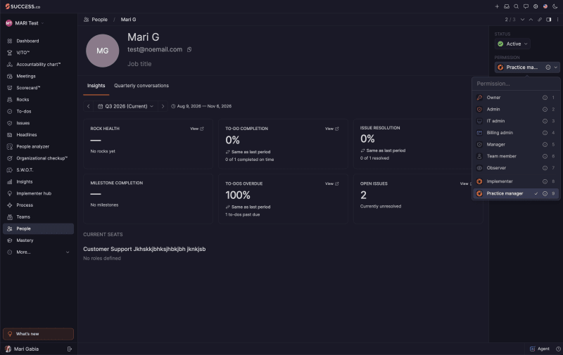 Success.co person detail page with the Permission dropdown open and Practice manager selected from the list of permission levels