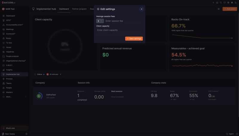 Success.co Implementer hub Edit settings panel with Average session fees and Client capacity fields and a Save settings button