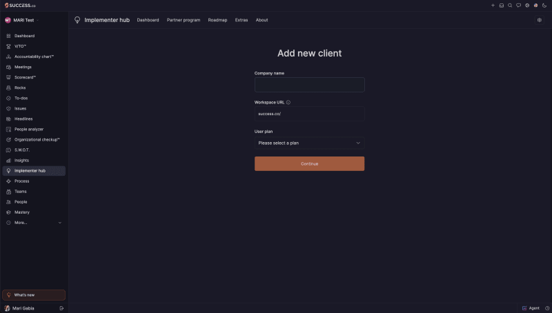 Success.co Implementer hub Add new client form with Company name, Workspace URL, User plan and a Continue button