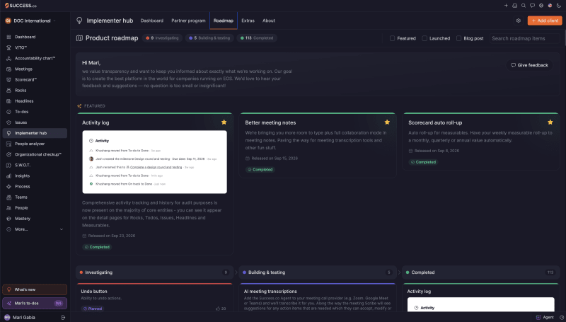 Implementer hub Roadmap tab showing featured roadmap items, status filters, a search box and the Give feedback button in the top right