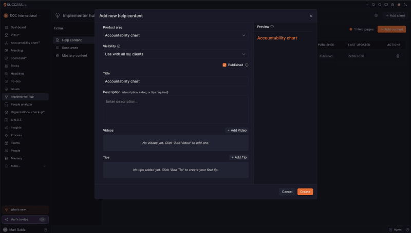 Add new help content dialog with Product area, Visibility, Published, Title, Description, Videos and Tips fields and a Preview panel on the right