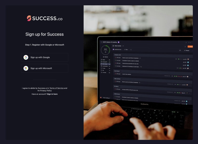 Success.co Sign up page with Sign up with Google and Sign up with Microsoft buttons beside a photo of a laptop