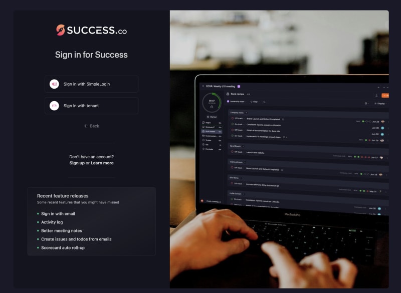 Success.co alternative sign-in options showing Sign in with SimpleLogin and Sign in with tenant buttons