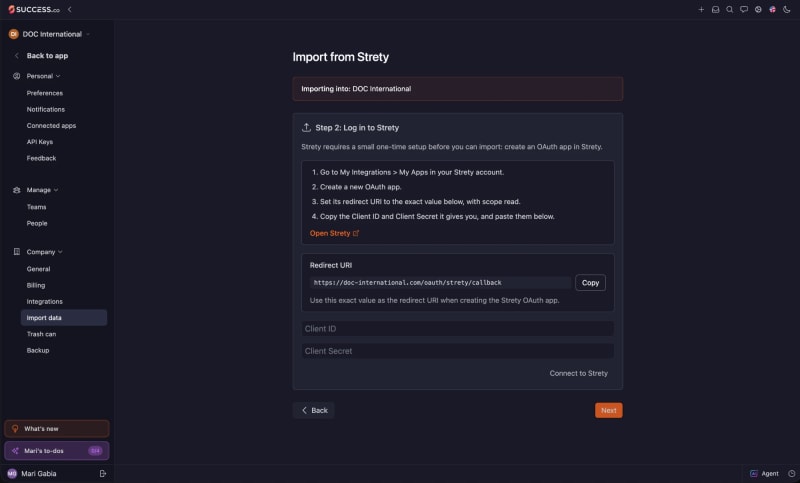 Import from Strety page in Success.co showing Step 2: Log in to Strety, with setup instructions, the Redirect URI and Copy button, Client ID and Client Secret fields, and the Connect to Strety button