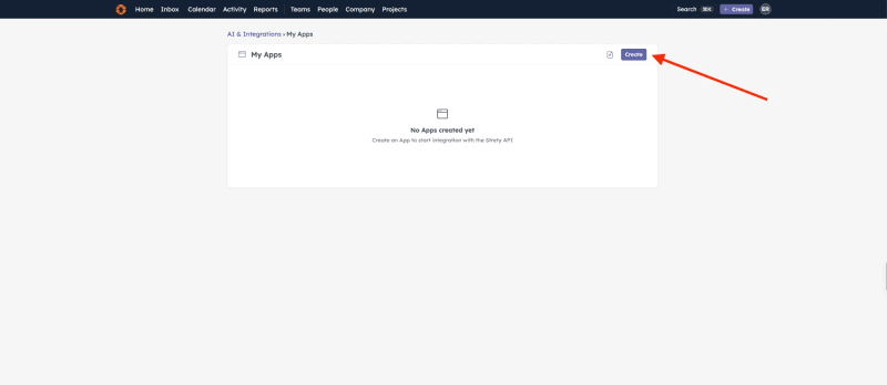 My Apps page under AI and Integrations in Strety, with an arrow pointing to the Create button