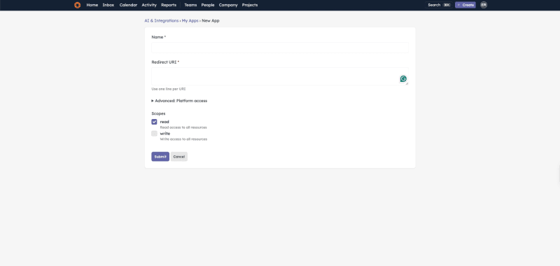New App form in Strety with Name and Redirect URI fields, the read scope ticked, and the Submit button