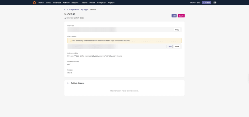 Strety app details page showing the Client ID and Client secret, each with a Copy button, and a warning that the secret is shown only once (values blurred)