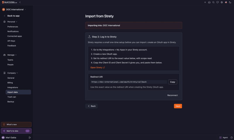 Import from Strety page after connecting, with the Connect button now showing Reconnect and the Next button ready to click
