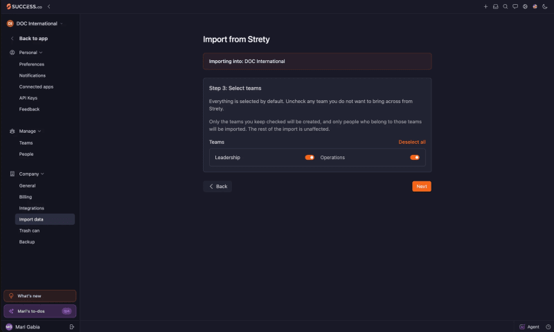 Step 3: Select teams in the Strety import, with the Leadership and Operations teams switched on and a Deselect all link