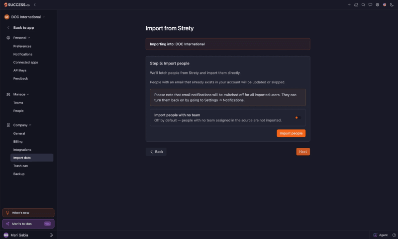 Step 5: Import people in the Strety import, with a note that email notifications are switched off, the Import people with no team switch turned off, and the Import people button
