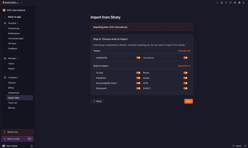 Step 6: Choose what to import in the Strety import, with the Leadership and Operations teams and every data type switched on, including To-dos, Rocks, Headlines, Issues, Accountability Chart, V/TO, Scorecard and S.W.O.T.