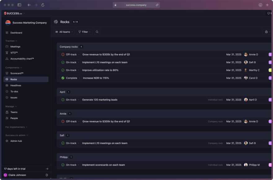 Success.co Rocks page in dark mode listing company and individual Rocks with on-track, off-track and complete statuses
