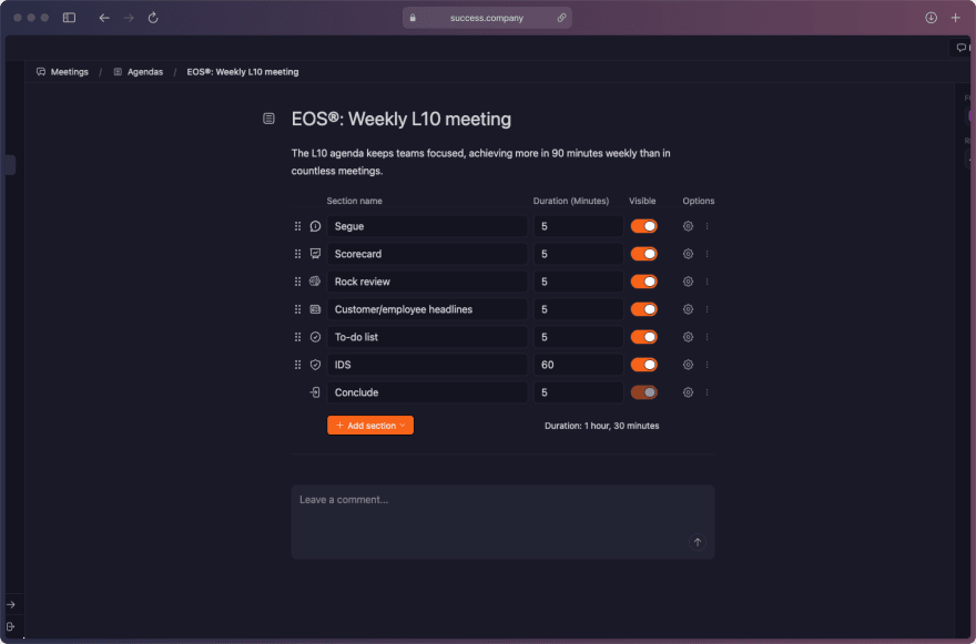 Success.co EOS Weekly L10 meeting agenda with Segue, Scorecard, Rock review, IDS and timings totalling 90 minutes