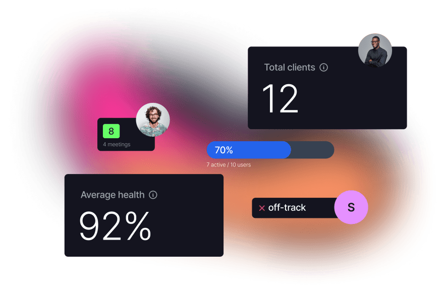 Success.co Implementer hub cards showing total clients, average client health and active users