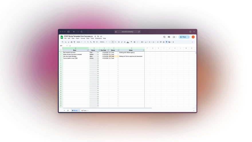 EOS Rocks Template from Success.co in Google Sheets, listing Rocks with owner, due date, status and notes