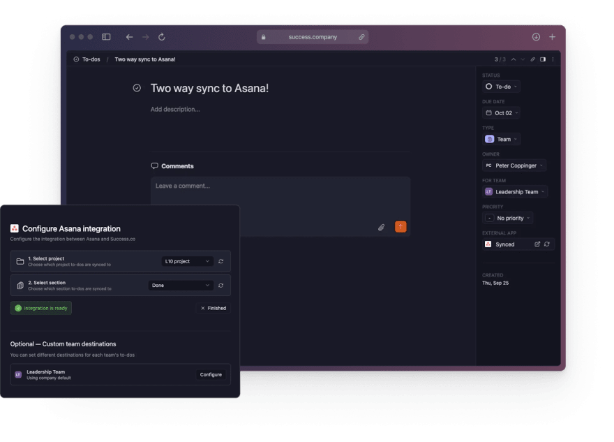 Success.co To-Do synced to Asana, with the Configure Asana integration panel for project and section