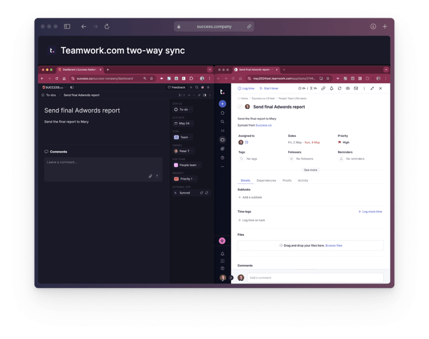 Teamwork.com two-way sync: a Success.co To-Do and the matching synced Teamwork.com task side by side