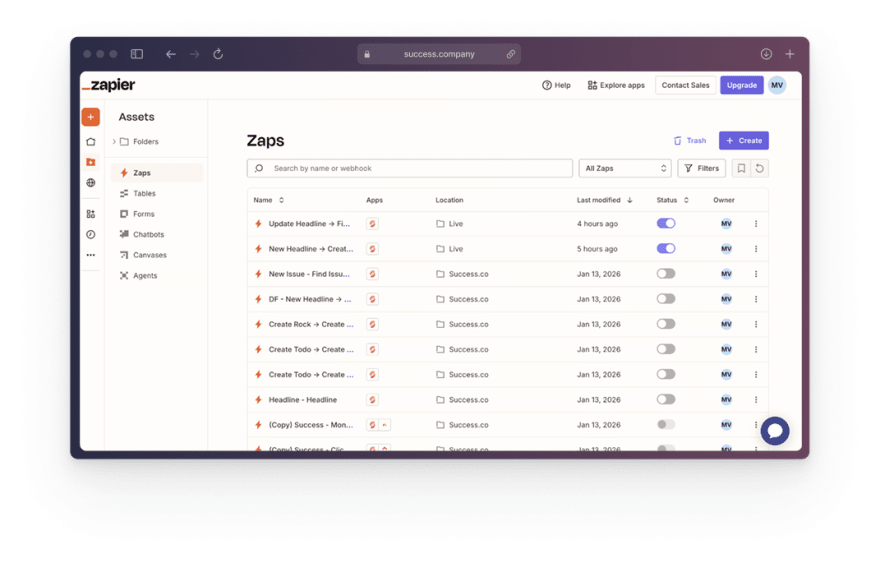Zapier Zaps list with automations that create Success.co Headlines, Issues, Rocks and To-Dos