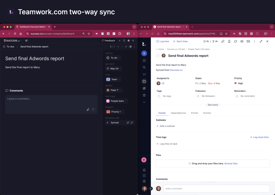 Teamwork.com two-way sync: the same To-do shown side by side in Success.co and in Teamwork.com
