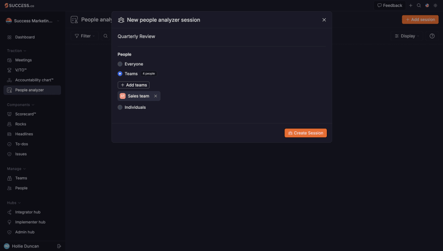 Success.co New People Analyzer session dialog, choosing Everyone, Teams or Individuals with the Sales team selected