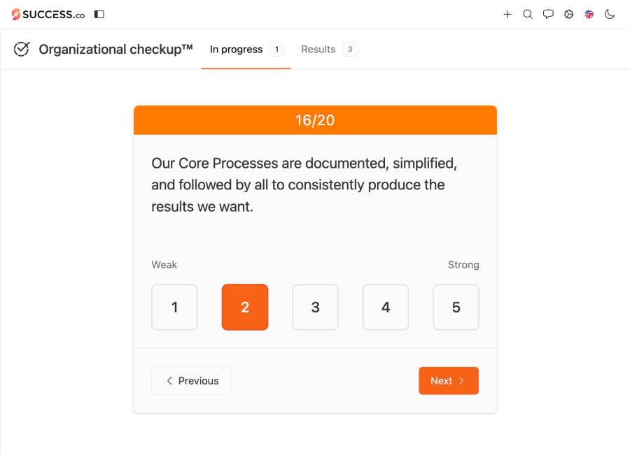 Success.co Organisational Checkup on question 16 of 20, rating Core Processes on a 1 to 5 scale from weak to strong