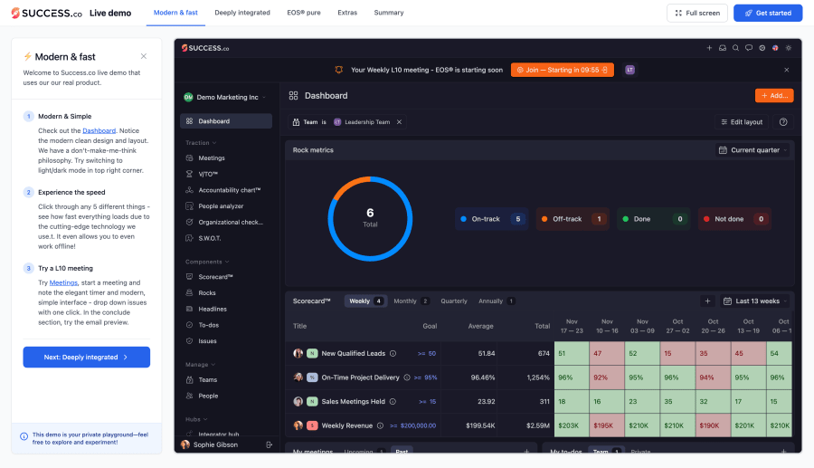 Success.co Live demo with a guided “Modern & fast” tour beside the dashboard showing Rock metrics and a weekly Scorecard