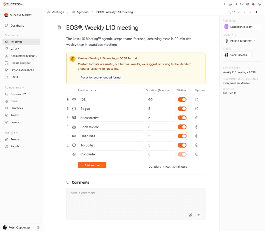 Success.co Weekly L10 agenda editor with sections, durations and a prompt to reset to the recommended EOS format