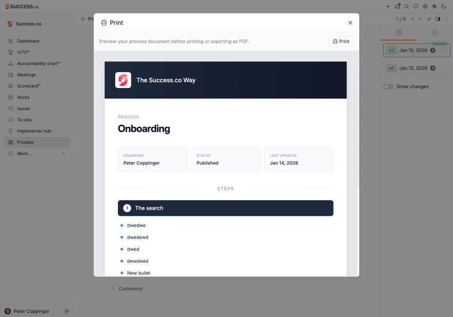 Success.co process print preview of an Onboarding process showing its champion, status, last updated date and steps