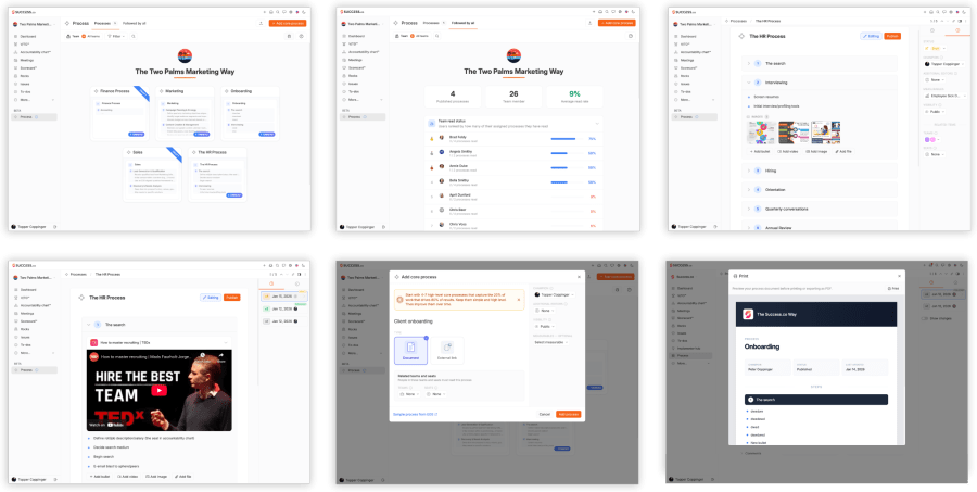 Six Success.co Process screens: process overview, team read status, editing, video steps, add dialog and print view