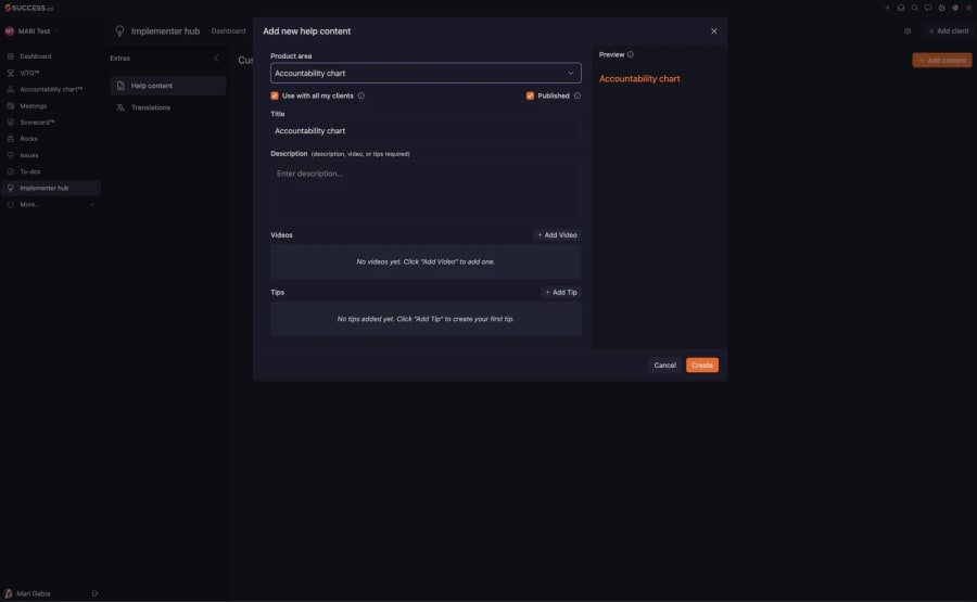 Implementer Hub "Add new help content" dialog for the Accountability Chart, with videos, tips and a client preview