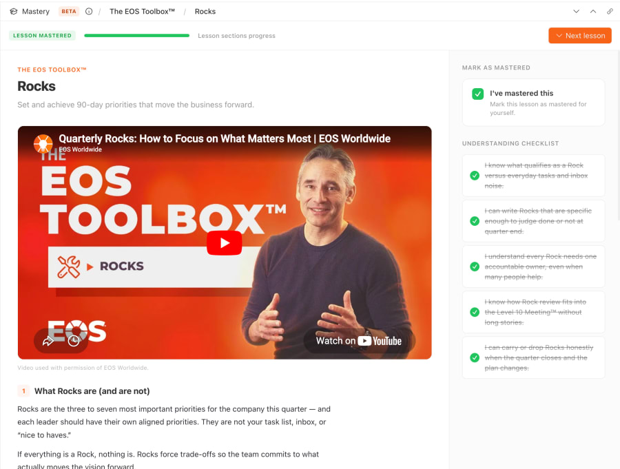 Success.co Mastery lesson on Rocks with an EOS Toolbox video and a completed understanding checklist