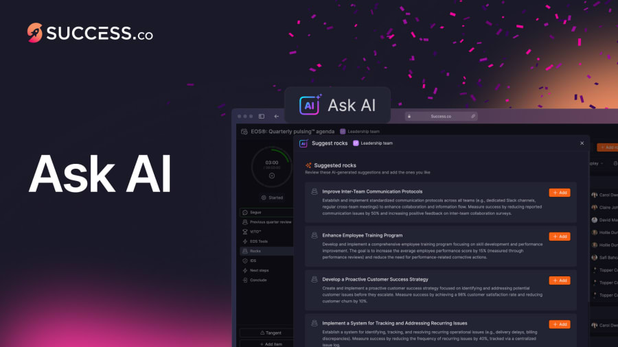 Ask AI header showing the Success.co Suggest rocks panel with AI-generated Rock ideas during a Quarterly Pulsing meeting